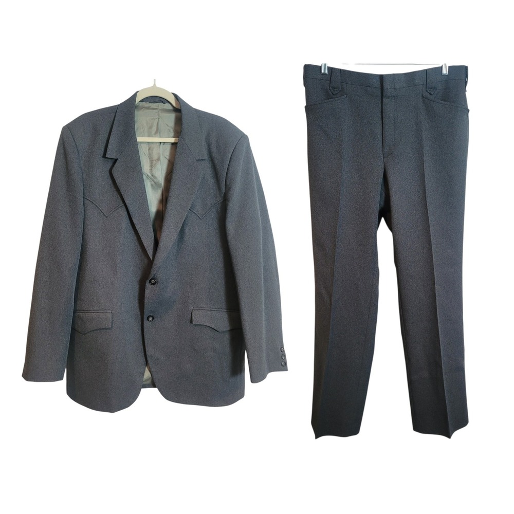 Circle S Mens Western Suit Charcoal Gray Blazer 46L Pants Waist 36 VTG USA Made